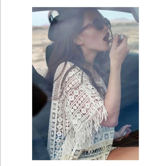 Beige Crochet Lace Embroidered Coverup Blouse Batwing Sleeve Loose Fit - Picture 2 of 16